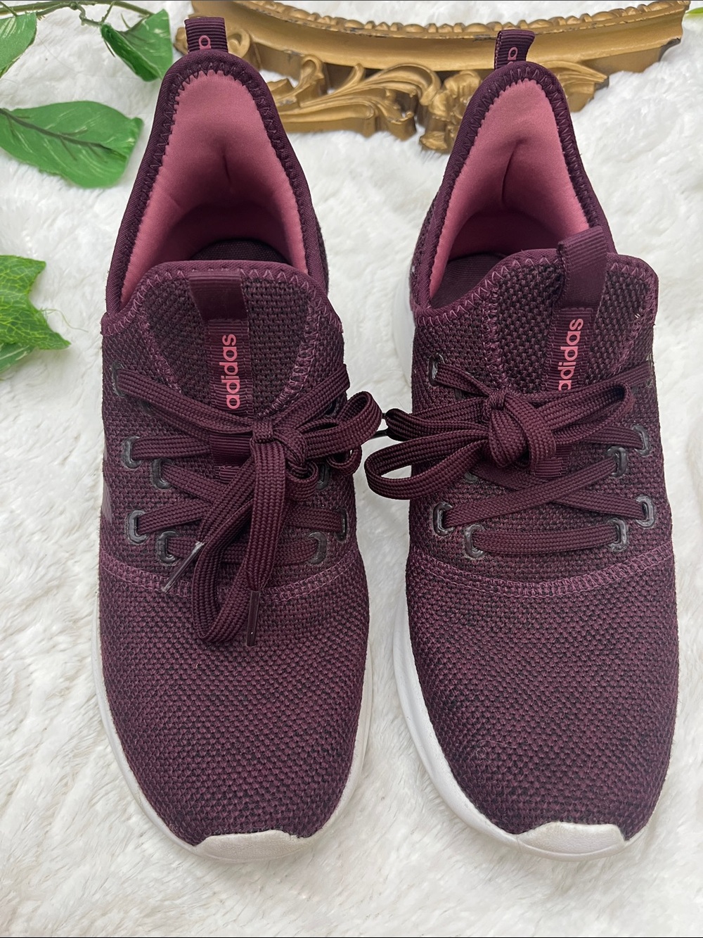 adidas Women’s Burgundy Knit Sneakers with White Sole - Picture 2 of 4